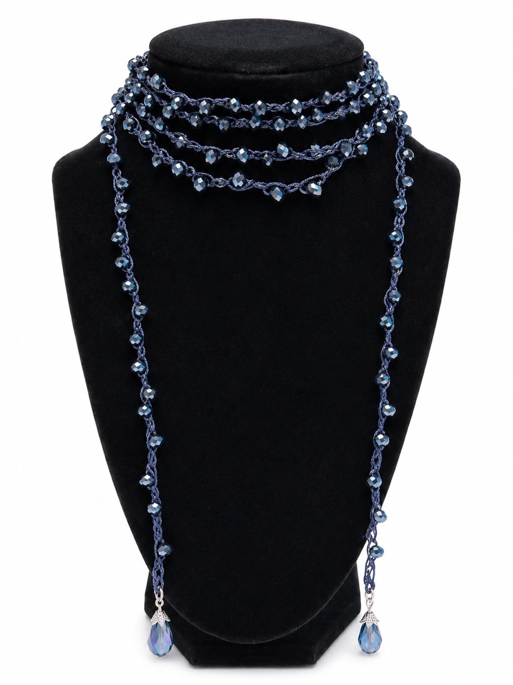 Dark Sapphire Blue Beaded Lariat Wrap Necklace 70” Luxe Statement